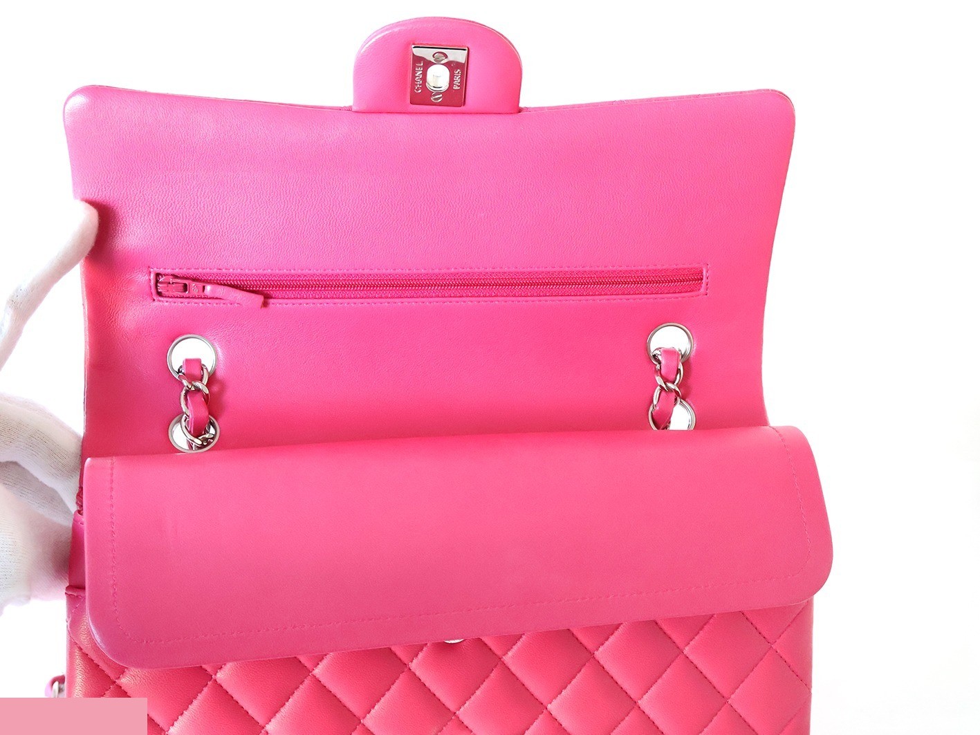 Matelassé 25 Lambskin Double Flap Double Chain Shoulder Bag, Pink — view 10