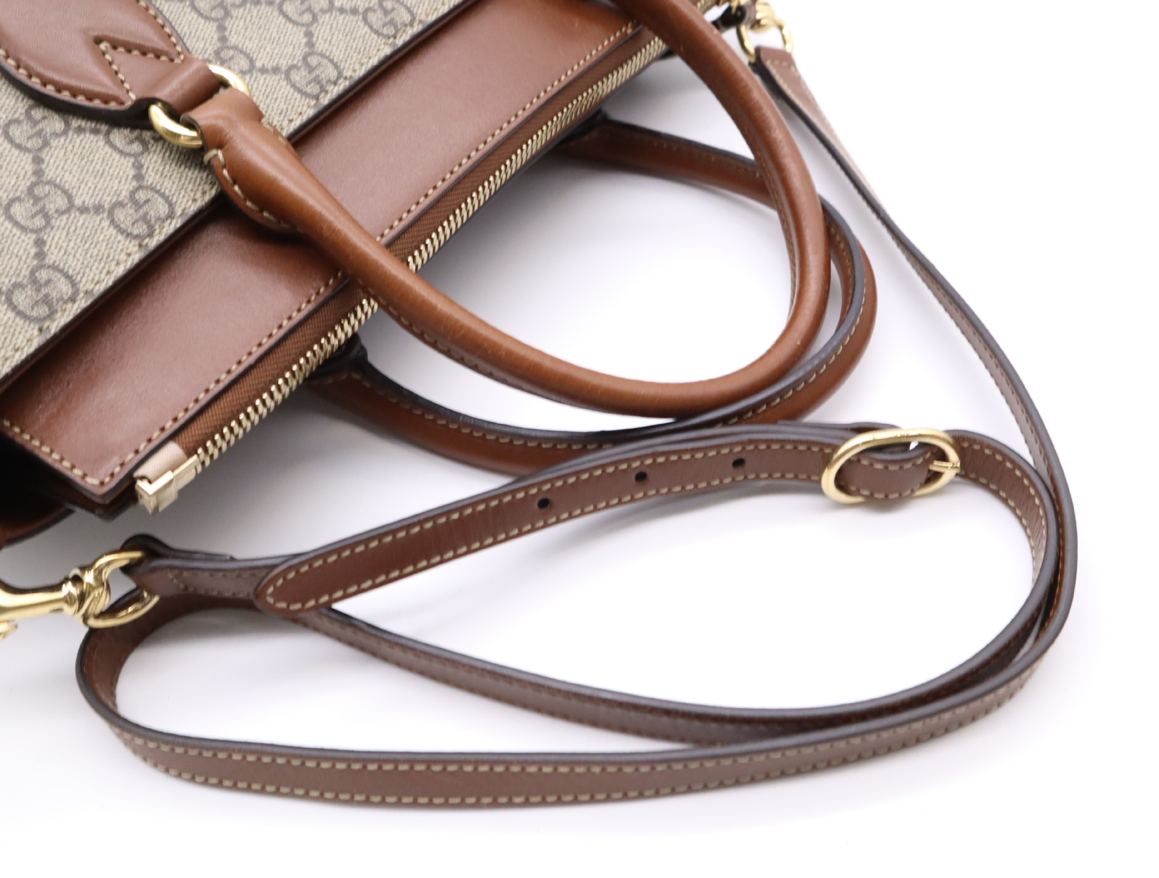 409534 Canvas x Leather GG Supreme Handbag, Brown, Gold Hardware, with Shoulder Strap — view 12