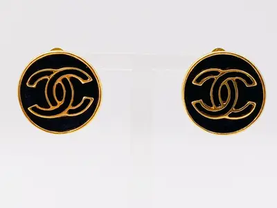 Coco Mark Round Earrings 03P Leather Black x Gold Earrings