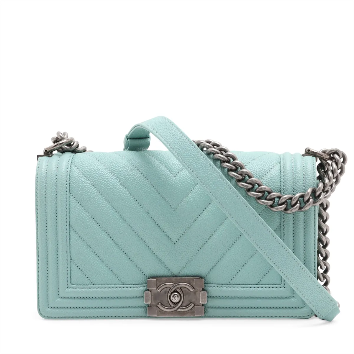 Boy Chanel 25 Caviar Skin Chain Shoulder Bag, Chevron V-stitch, Green, Gunmetal Hardware, 29185339, Serial Number 29, A67086