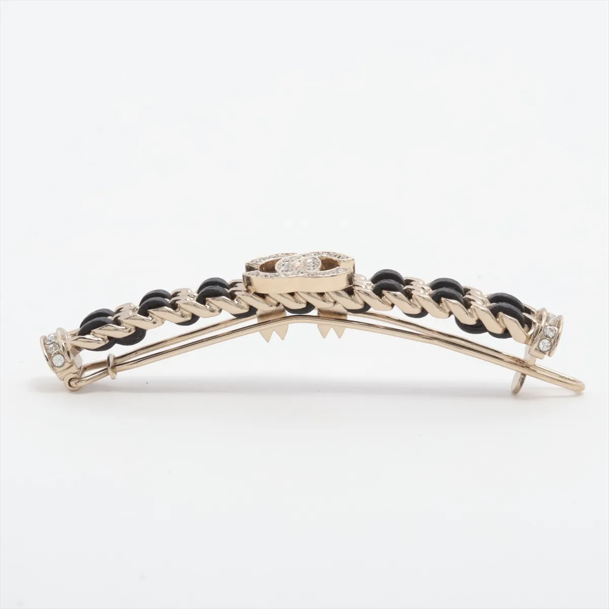 Coco Mark B21B Barrette, GP x Leather x Rhinestone, Gold x Black. Shows signs of wear, — view 2