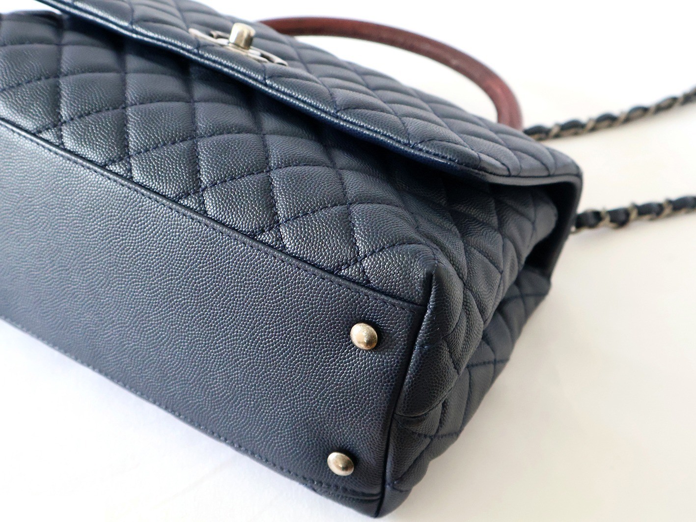 Caviar Skin Coco Handle 2-Way Chain Shoulder Bag, Navy — view 4