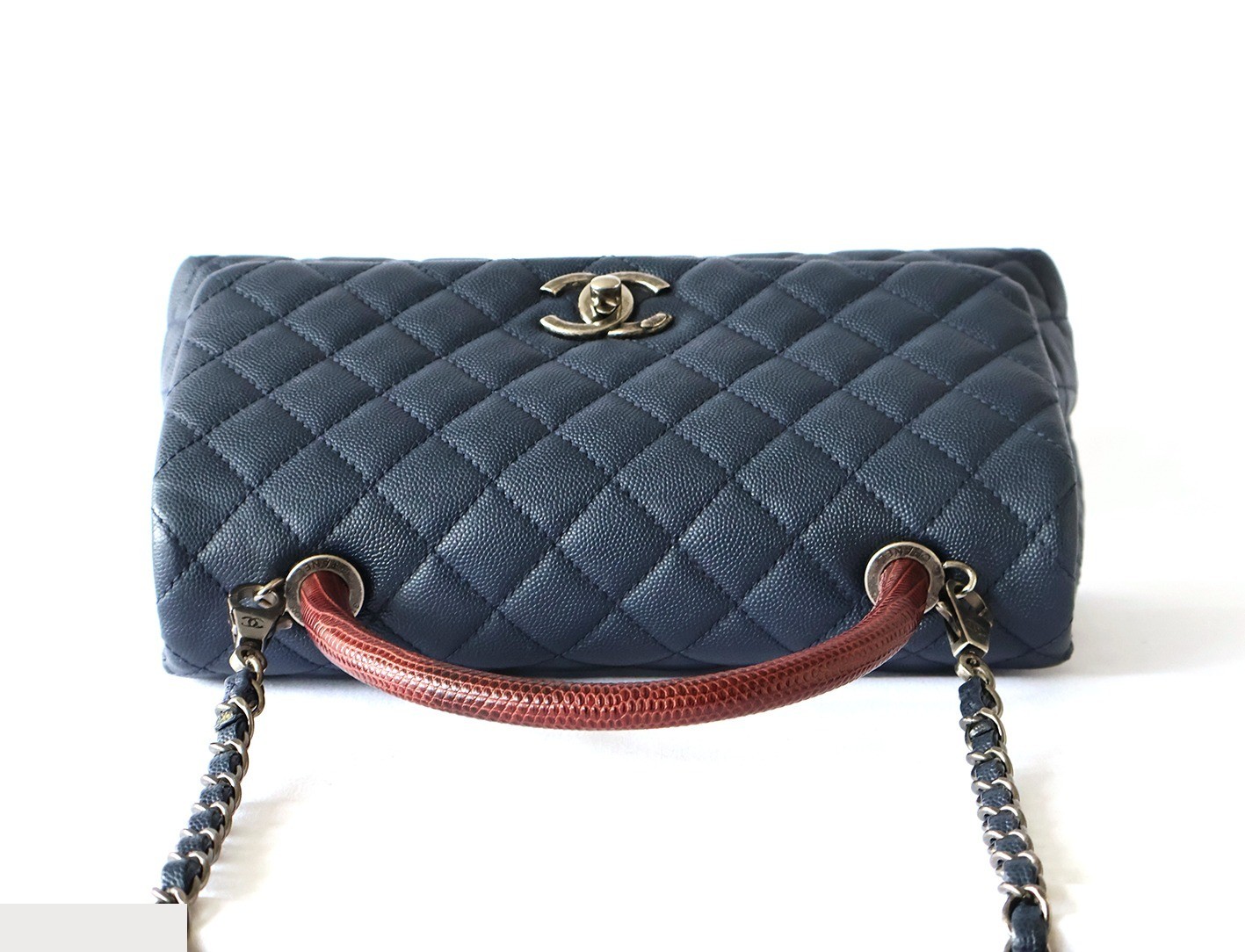 Caviar Skin Coco Handle 2-Way Chain Shoulder Bag, Navy — view 5