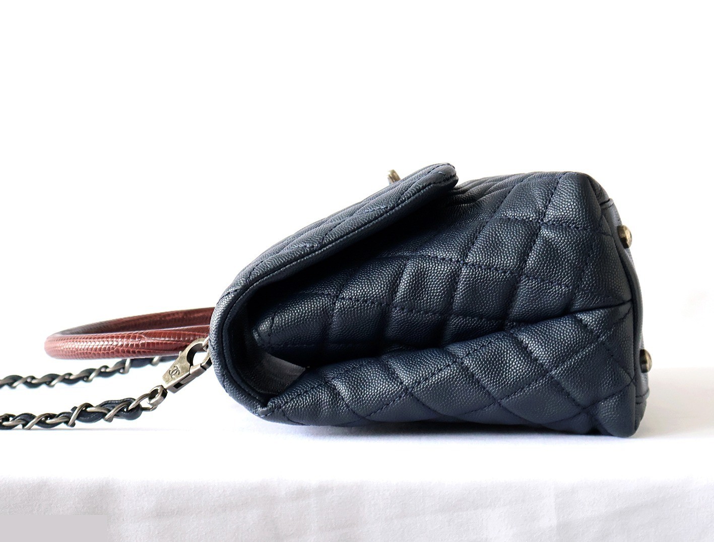 Caviar Skin Coco Handle 2-Way Chain Shoulder Bag, Navy — view 6