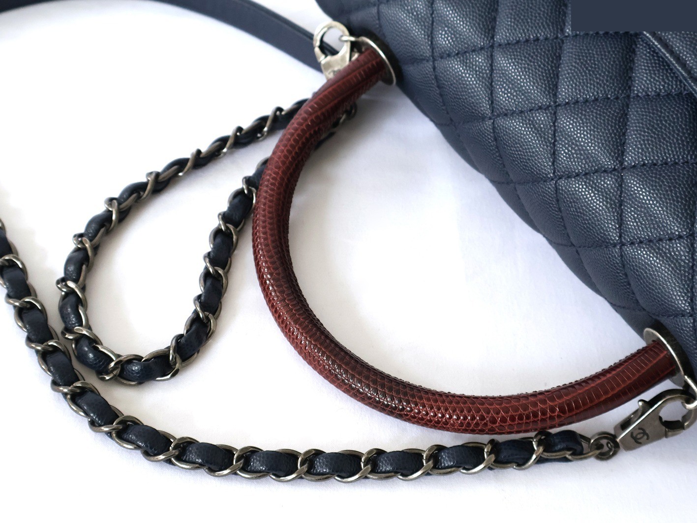 Caviar Skin Coco Handle 2-Way Chain Shoulder Bag, Navy — view 7