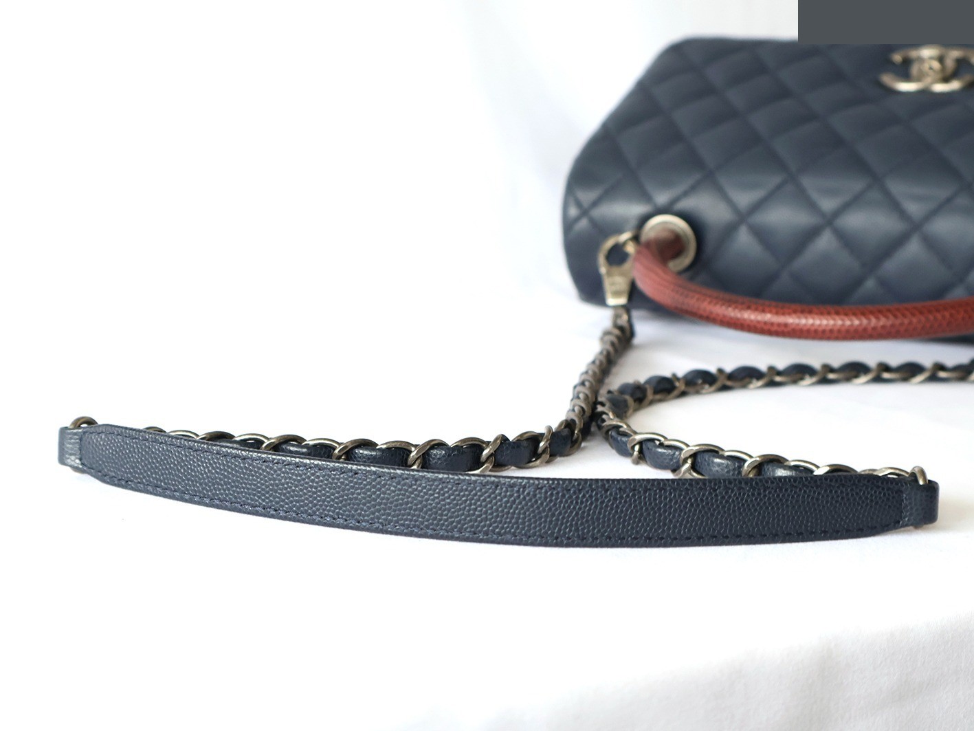 Caviar Skin Coco Handle 2-Way Chain Shoulder Bag, Navy — view 8