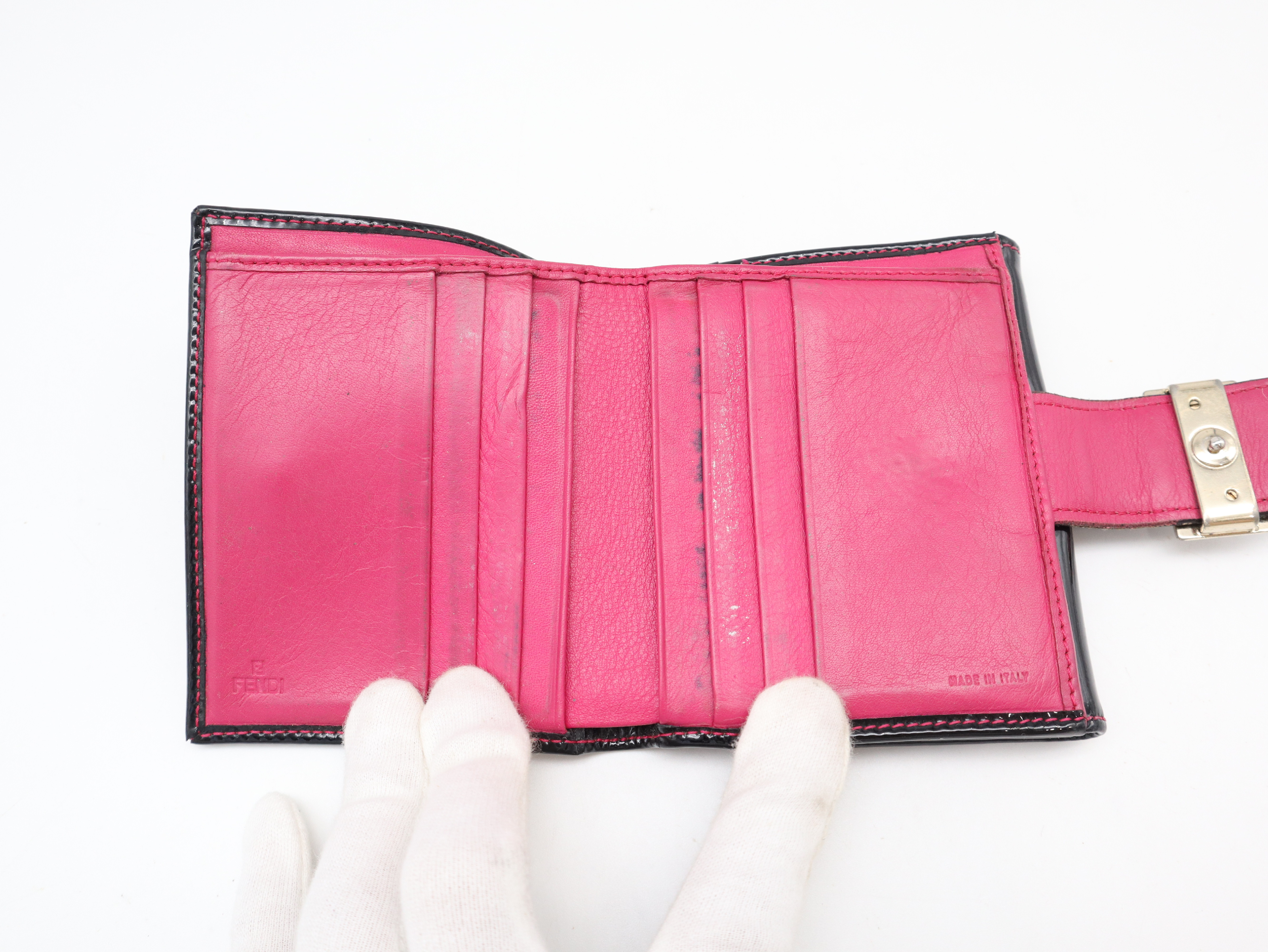 Zucchino Bifold Wallet with Double Snap Closure, Patent Leather, Gray, Black, Pink — view 8