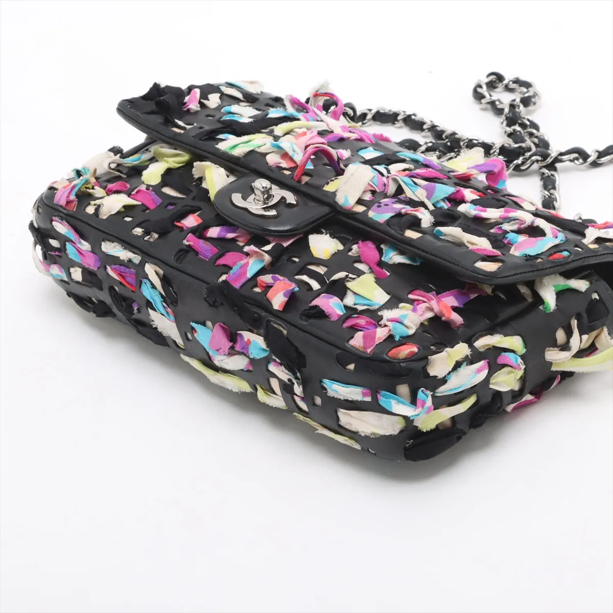 Cocomark Lambskin x Silk Single Flap Double Chain Bag Black Silver Hardware 14897843 14th Series — view 3