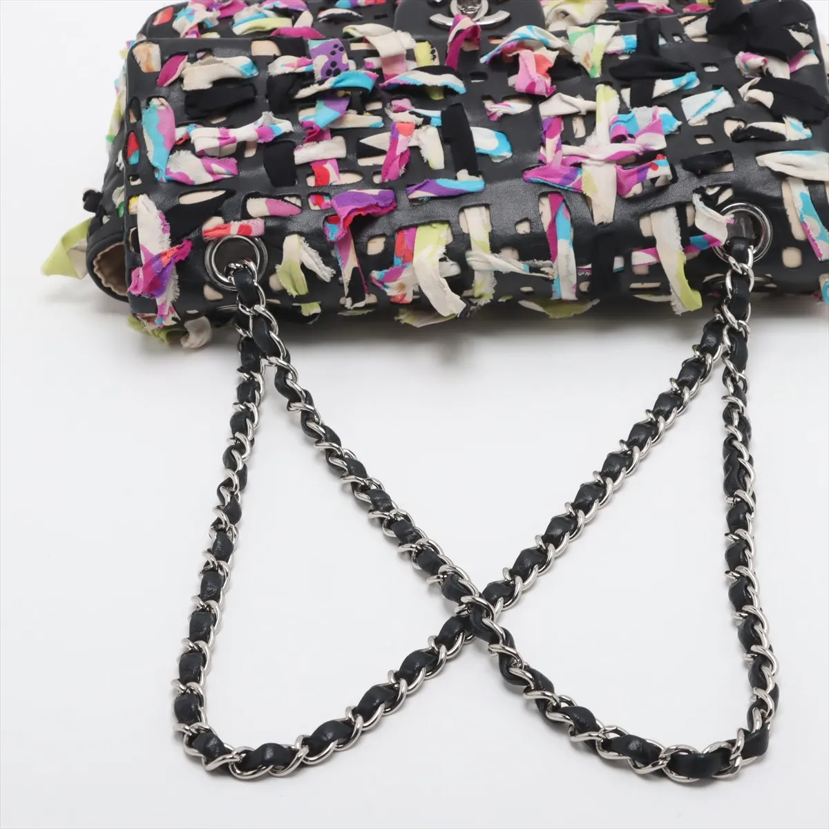 Cocomark Lambskin x Silk Single Flap Double Chain Bag Black Silver Hardware 14897843 14th Series — view 5