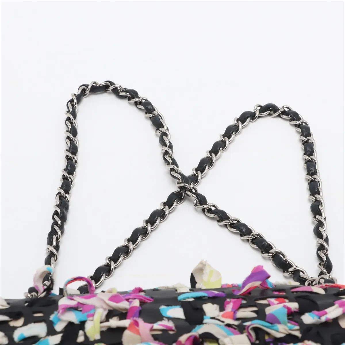 Cocomark Lambskin x Silk Single Flap Double Chain Bag Black Silver Hardware 14897843 14th Series — view 6