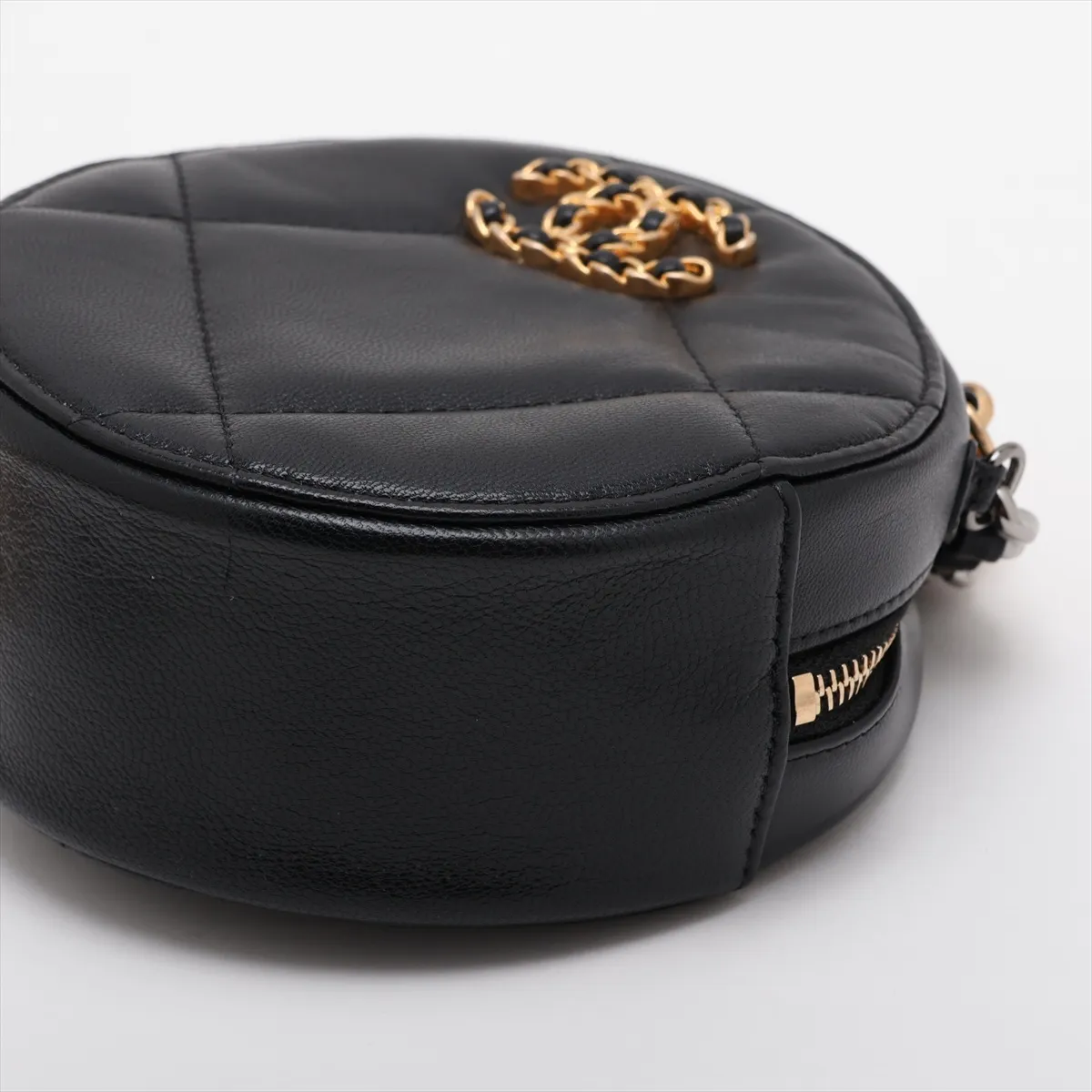 19 Lambskin Chain Shoulder Bag, Round, Black, Gold x Silver Hardware, 30172231 (Serial Number in the 30s) — view 3