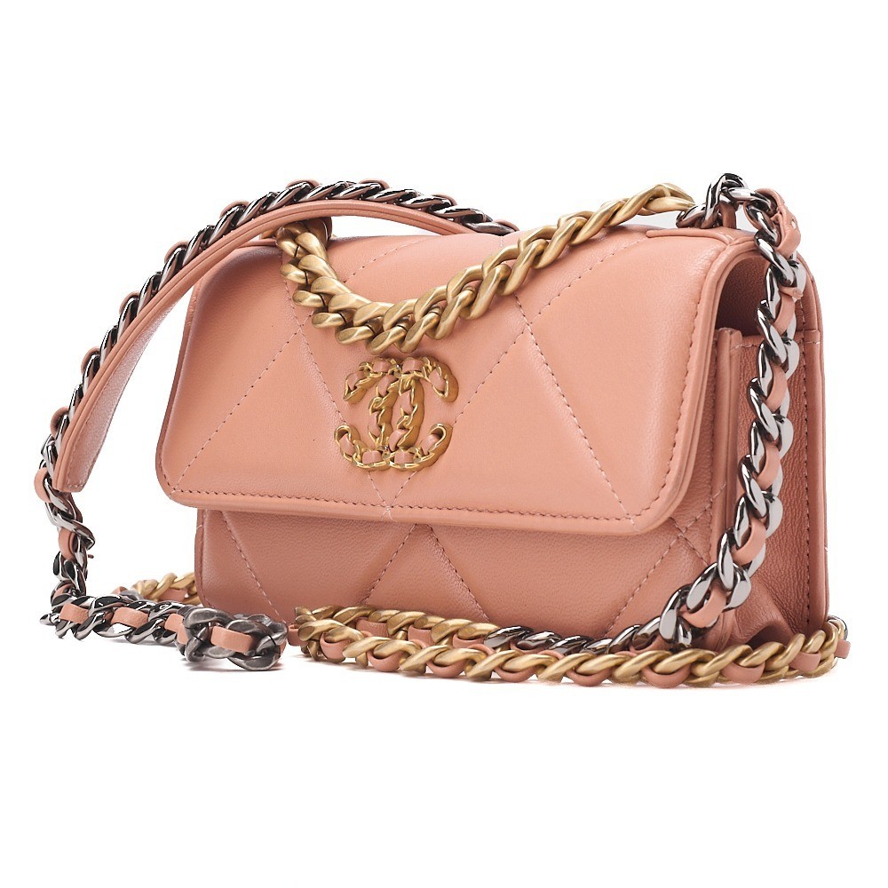 Lambskin Chanel 19 Chain Wallet, Salmon Pink — view 3