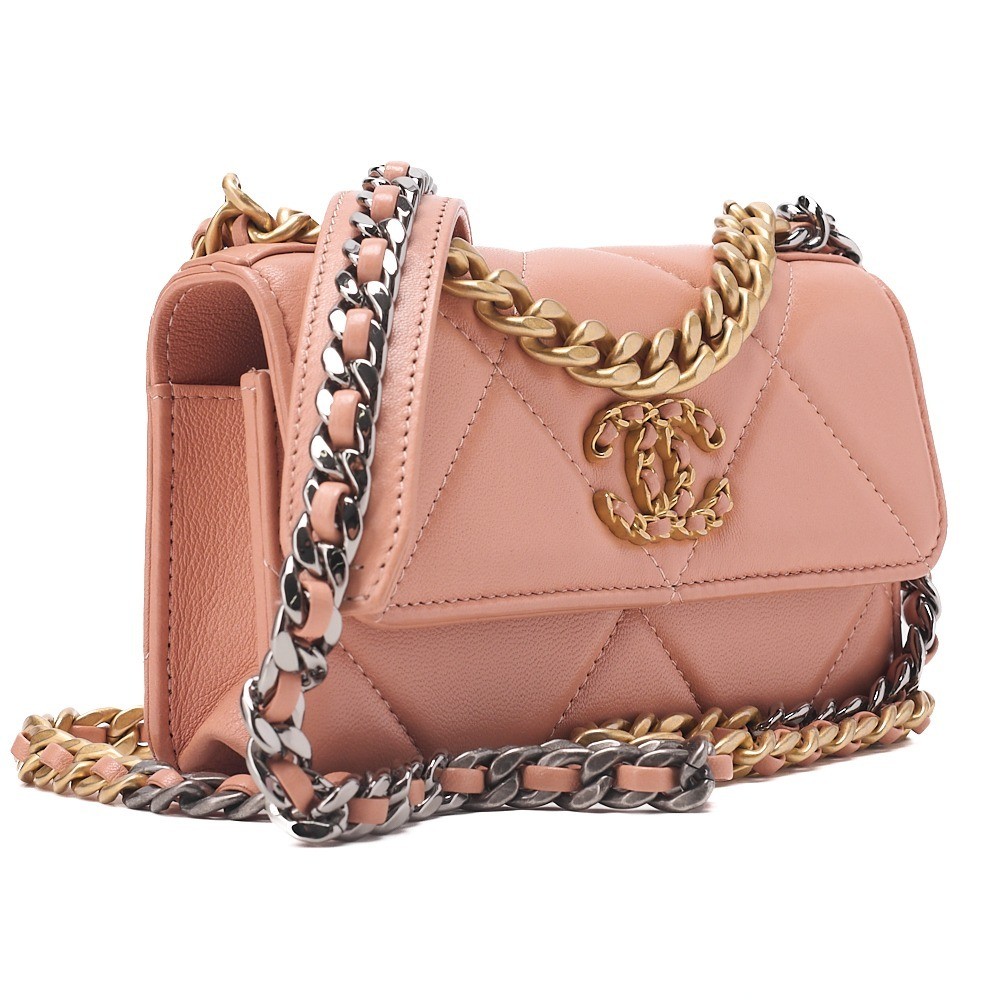 Lambskin Chanel 19 Chain Wallet, Salmon Pink — view 4