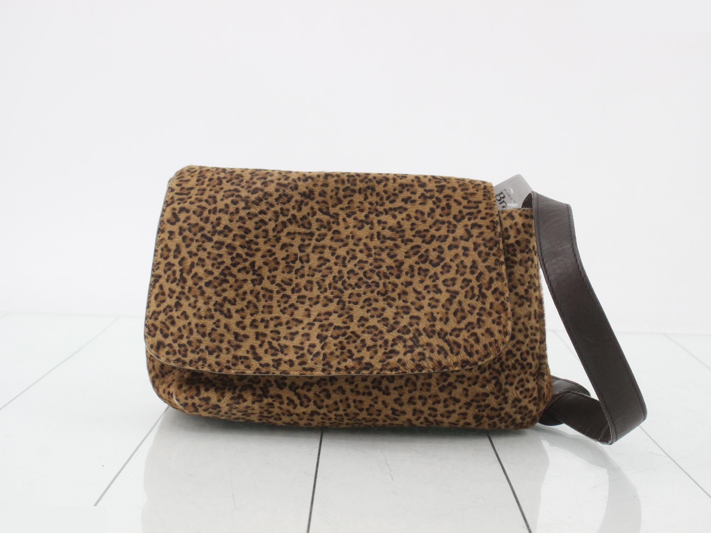 Leather leopard print shoulder bag, brown, silver hardware.