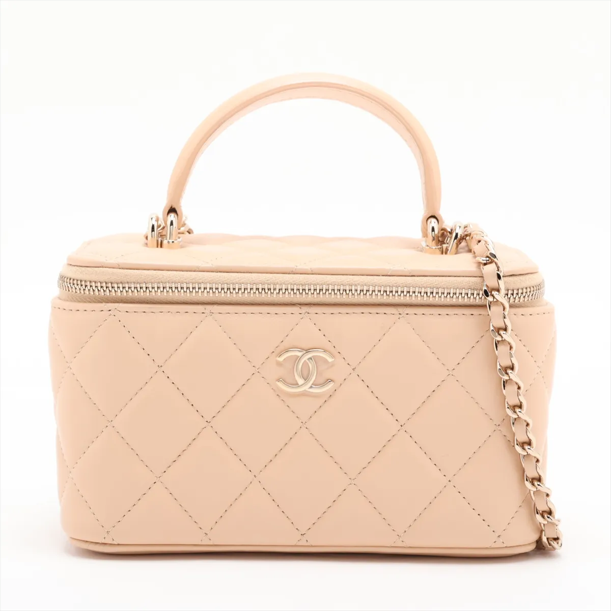 Matelassé Lambskin Chain Shoulder Bag Vanity Case Beige Gold Hardware C5380LA9 Random Serial Number