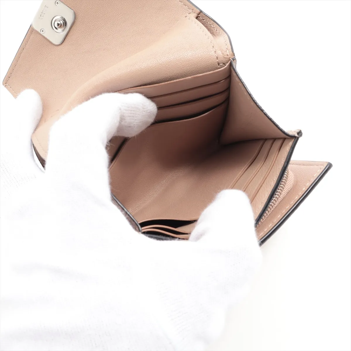 Anagram Trifold Leather Compact Wallet, Beige — view 5