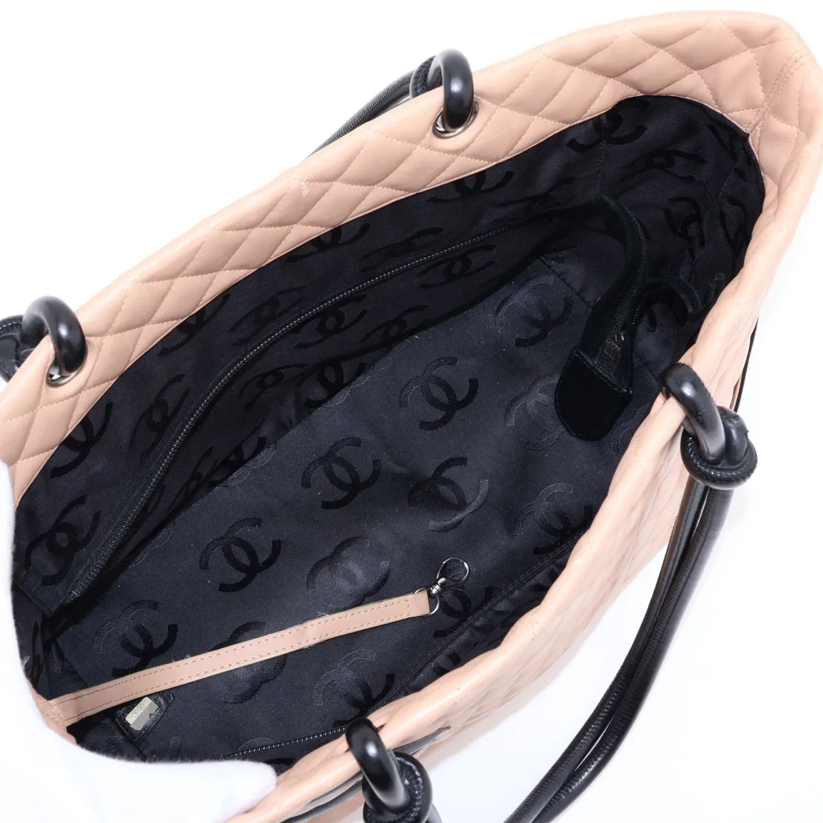 Cambon Line Lambskin Tote Bag, Beige x Black, Silver Hardware, 9122011, Series 9 — view 7