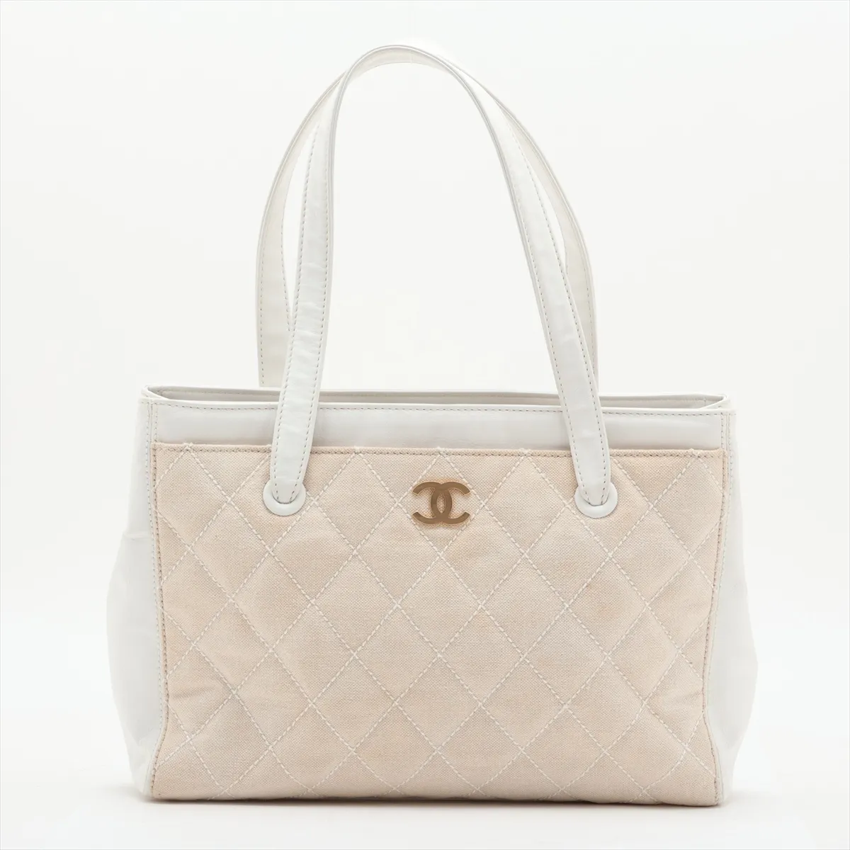 Matelassé Canvas and Leather Tote Bag, Beige and White, Gold Hardware, 9992586, Serial Number 9