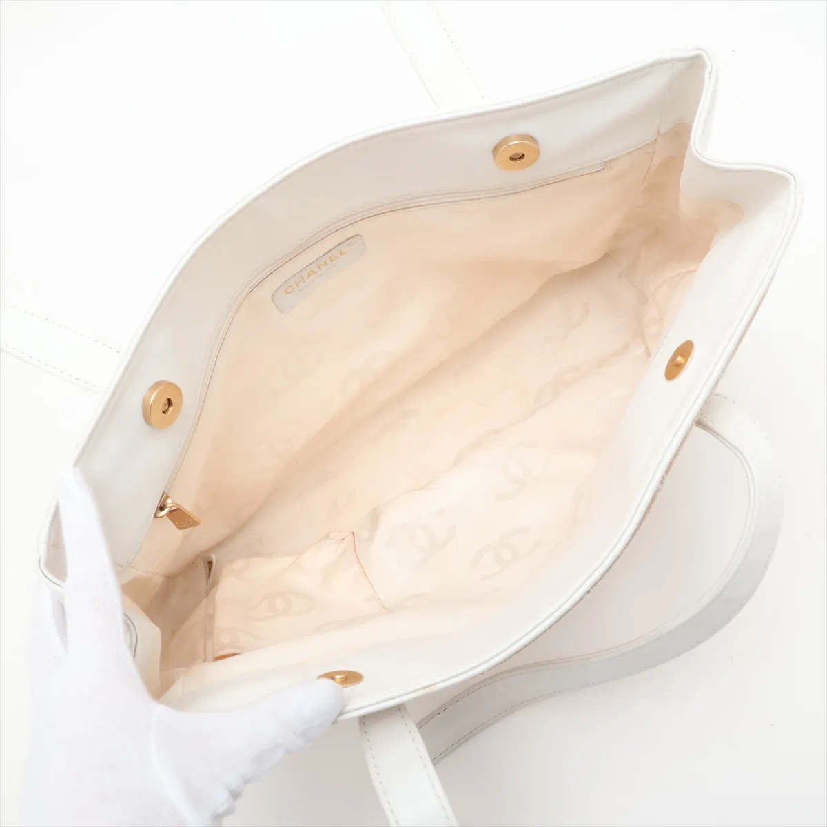 Matelassé Canvas and Leather Tote Bag, Beige and White, Gold Hardware, 9992586, Serial Number 9 — view 7
