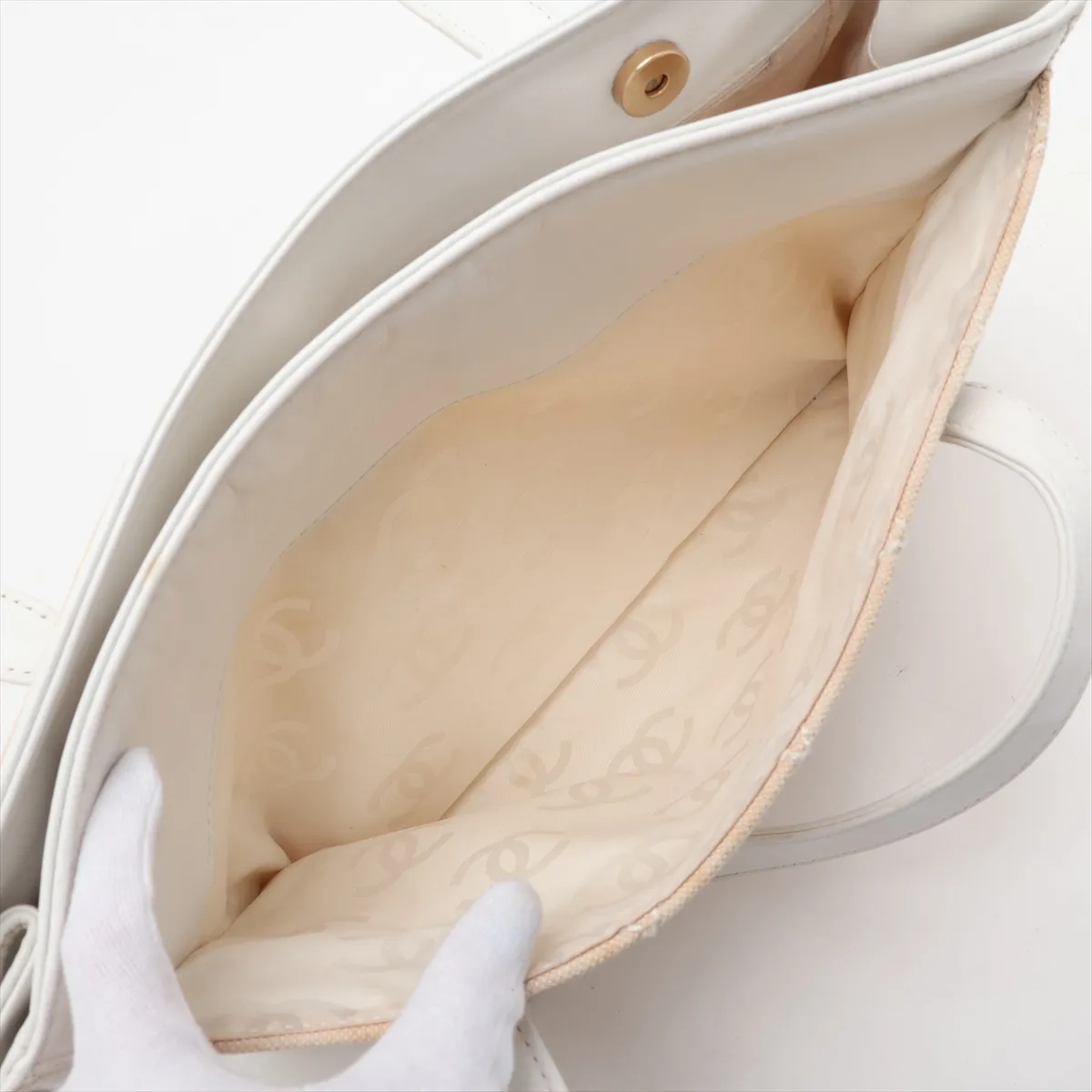 Matelassé Canvas and Leather Tote Bag, Beige and White, Gold Hardware, 9992586, Serial Number 9 — view 10