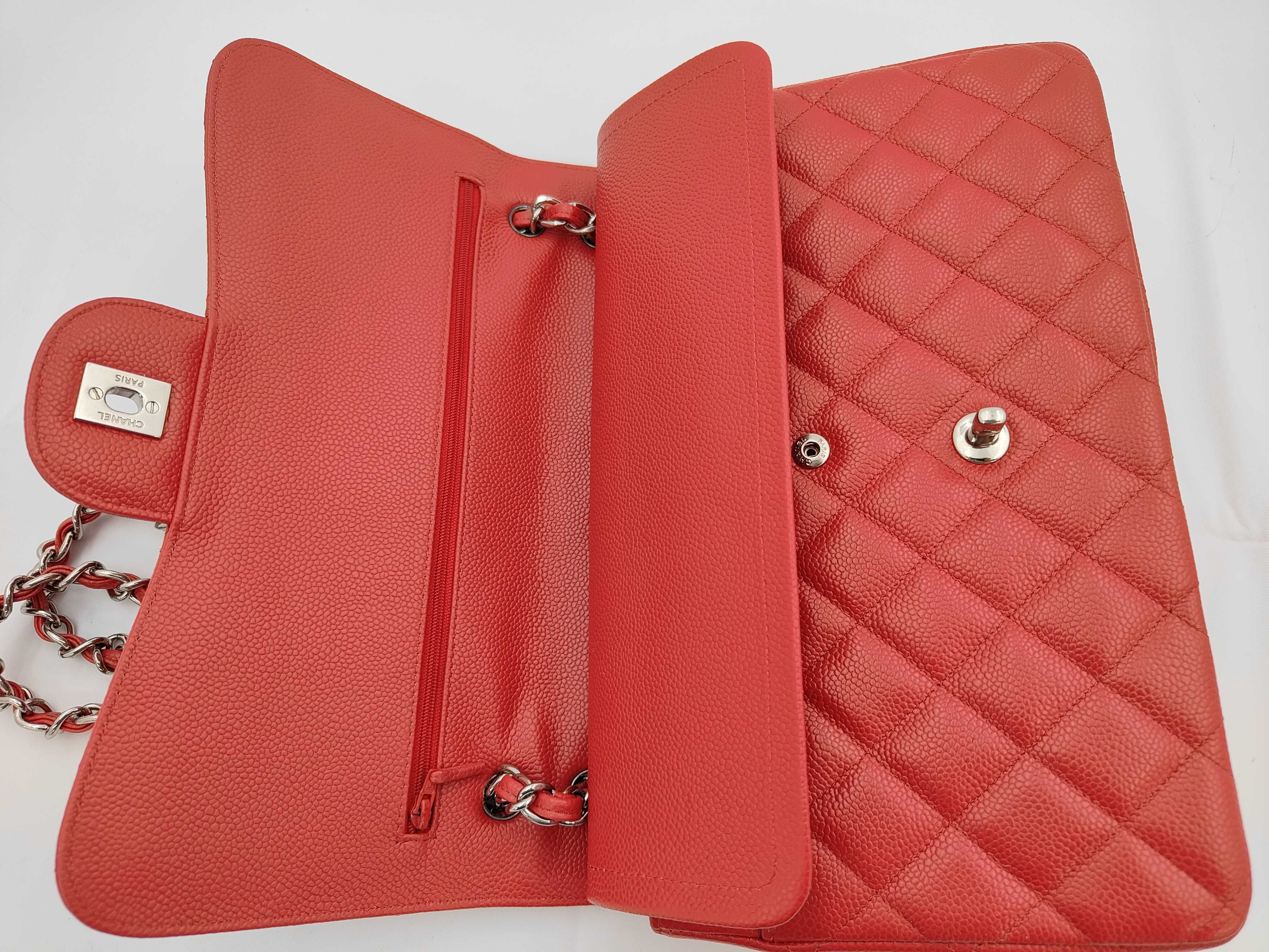 Matelassé 30 Double Flap Chain Shoulder Bag, Caviar Leather, Red — view 13