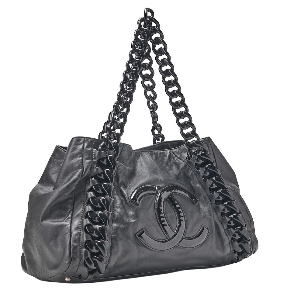 Lambskin Coco Mark Luxury Line Chain Shoulder Bag, Black — view 3