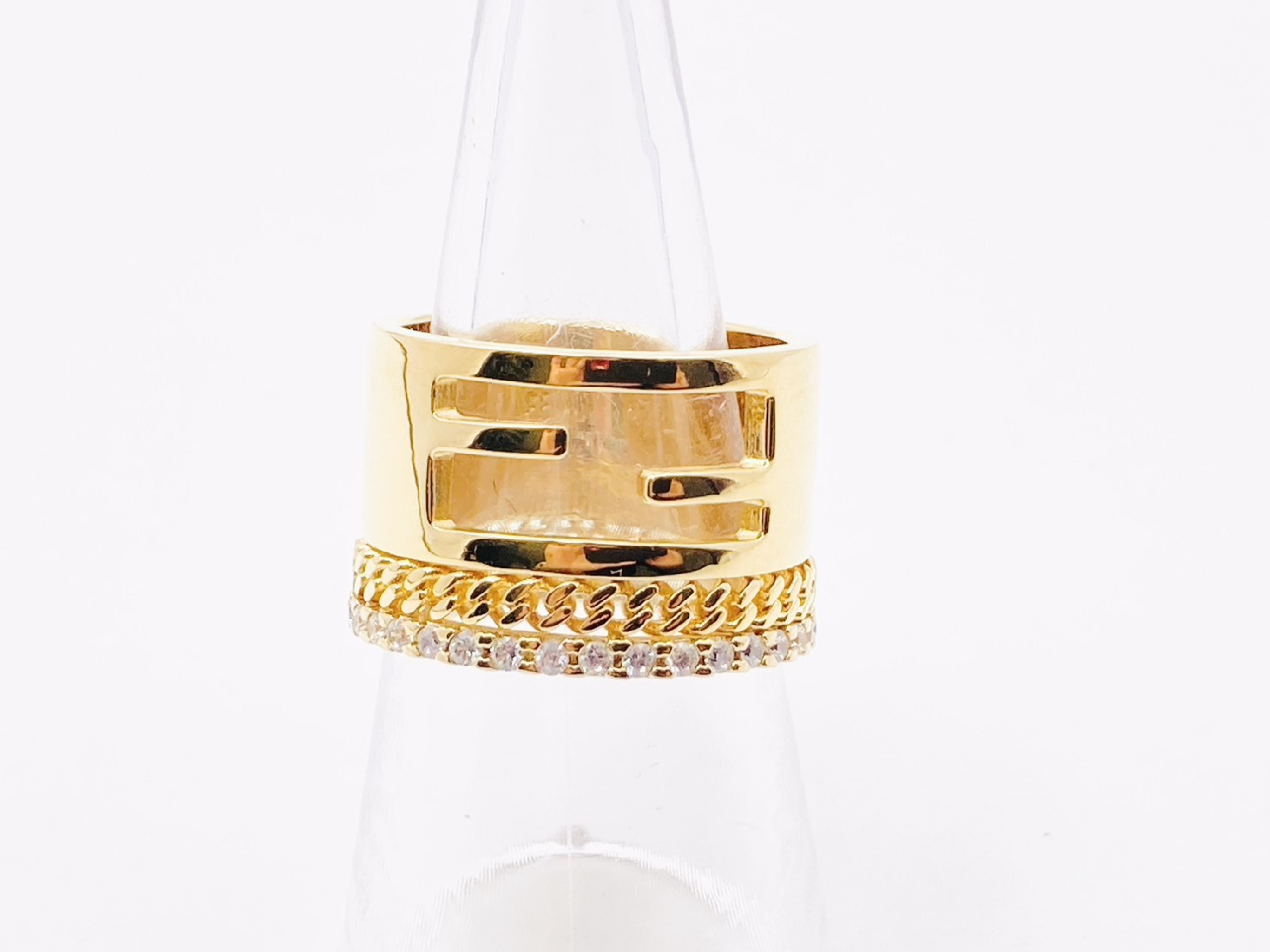 F-logo Baguette Rhinestone Chain Wide Ring #M Gold Ring