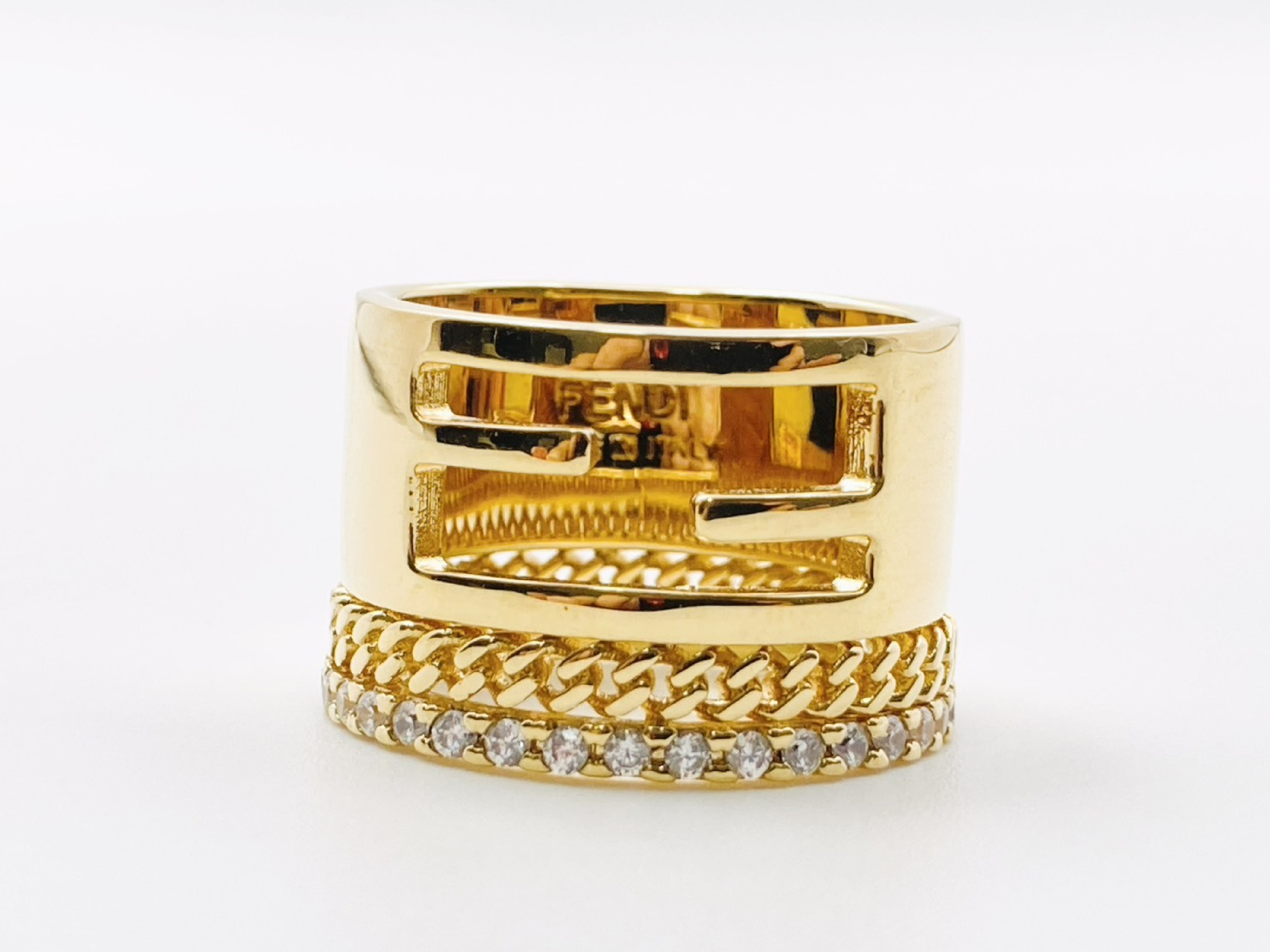F-logo Baguette Rhinestone Chain Wide Ring #M Gold Ring — view 2