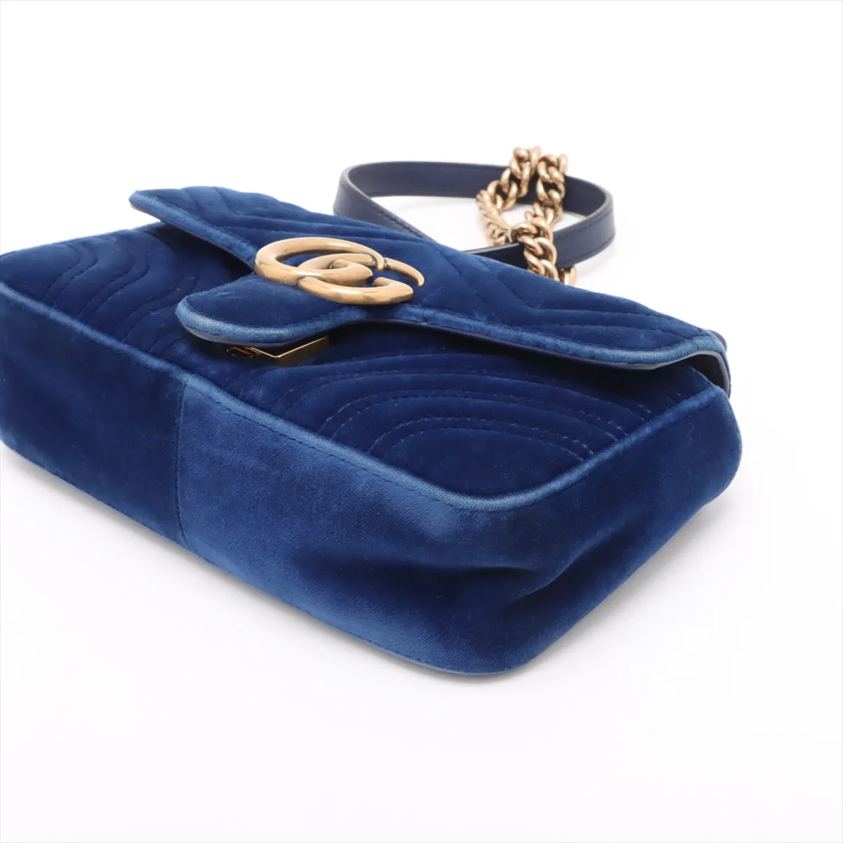 GG Marmont Velvet x Leather Chain Shoulder Bag Blue 446744 — view 3