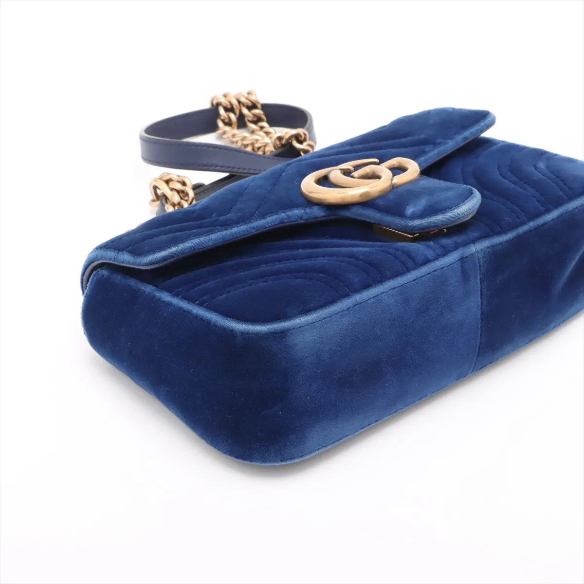 GG Marmont Velvet x Leather Chain Shoulder Bag Blue 446744 — view 4