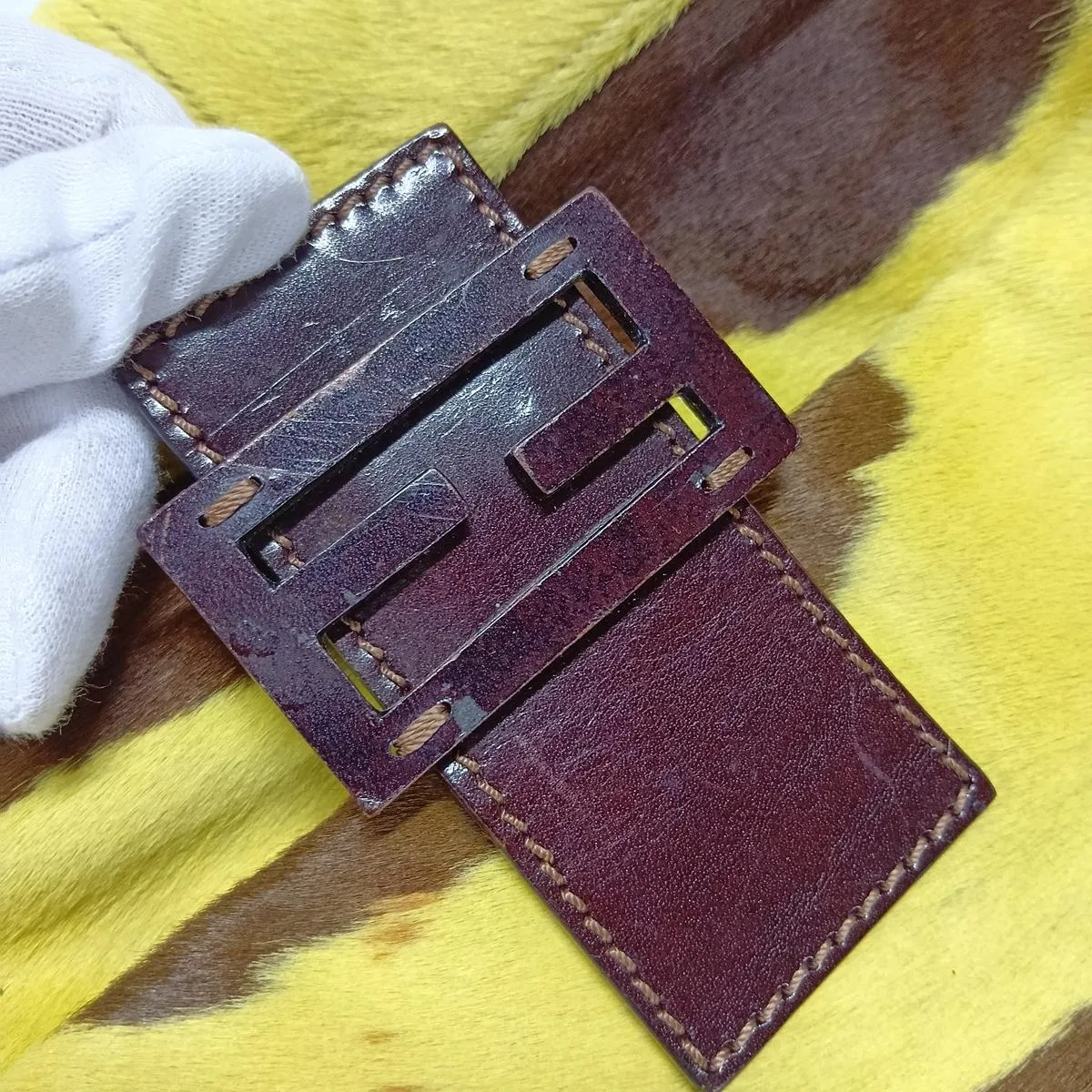 Mamma Bucket Calf Hair x Leather Shoulder Bag, Yellow x Brown — view 12