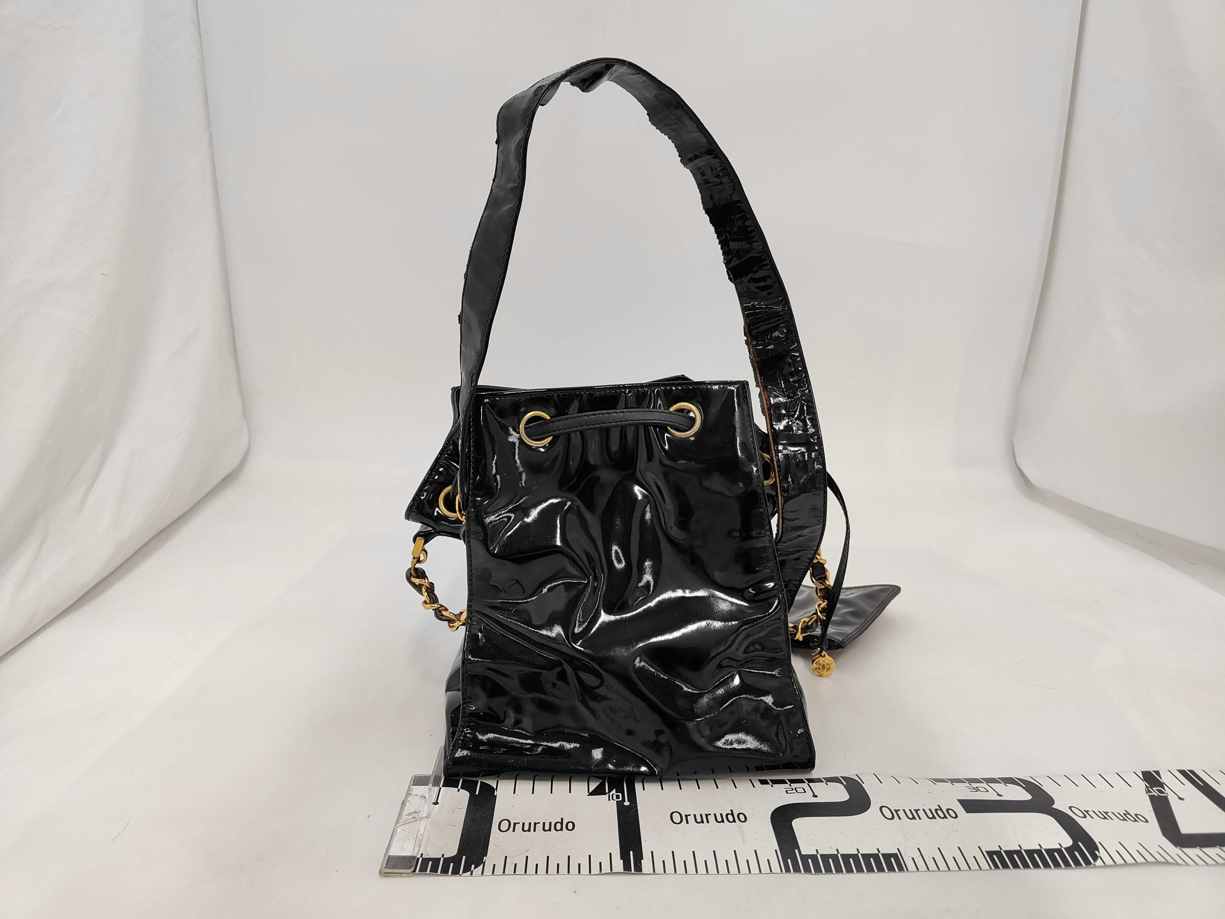Patent Leather Chain Shoulder Bag with Gold Hardware, Black — view 2