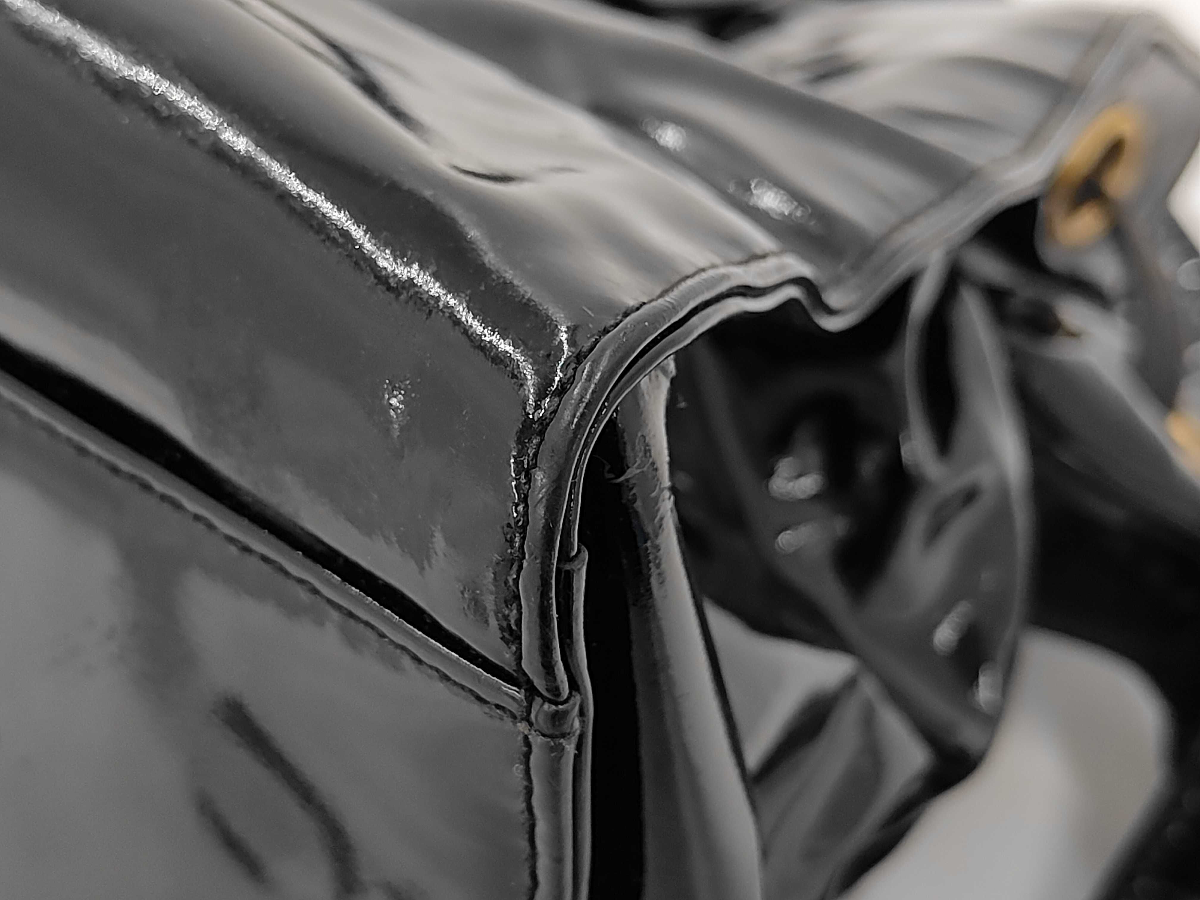 Patent Leather Chain Shoulder Bag with Gold Hardware, Black — view 3