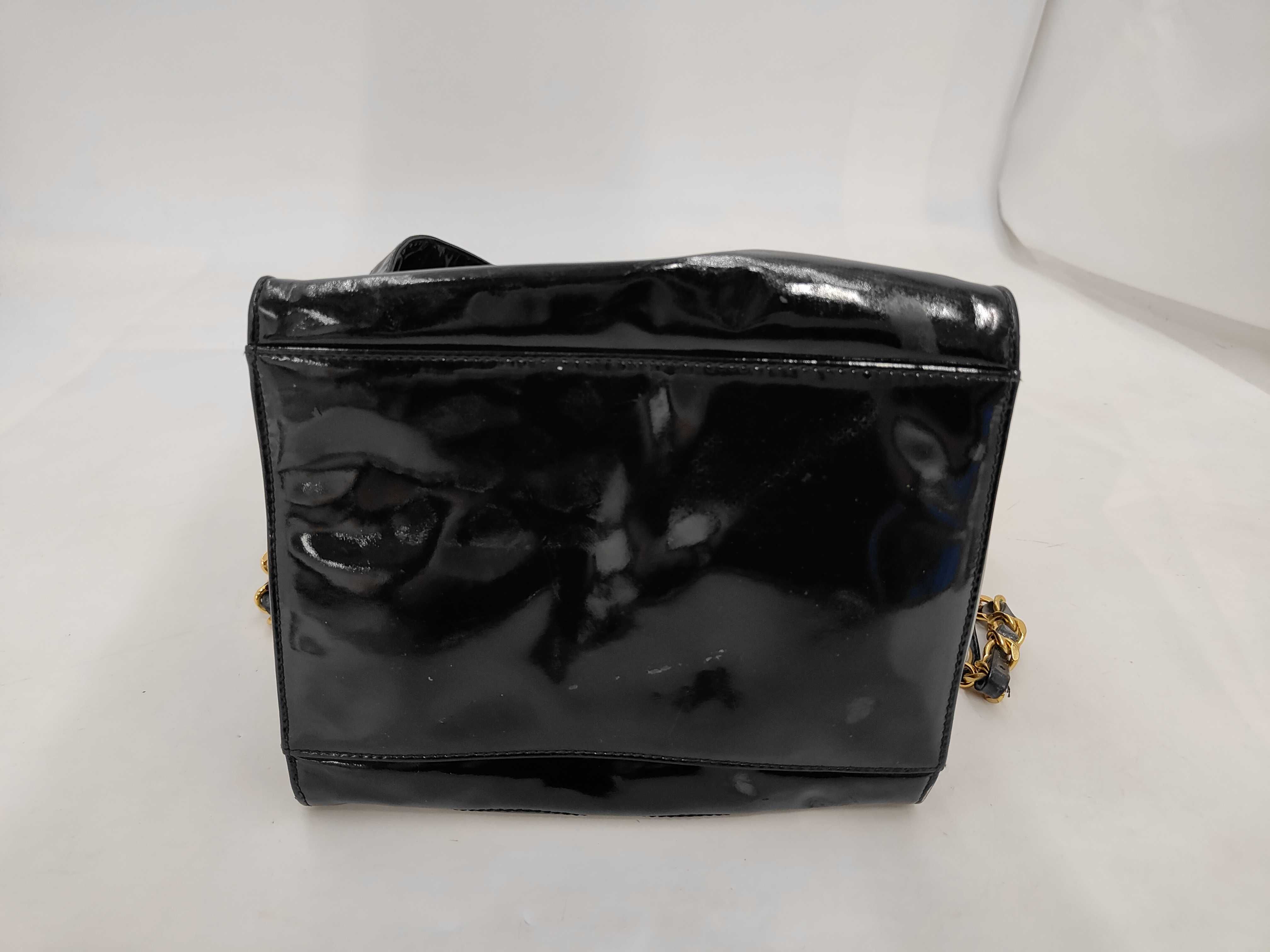Patent Leather Chain Shoulder Bag with Gold Hardware, Black — view 4