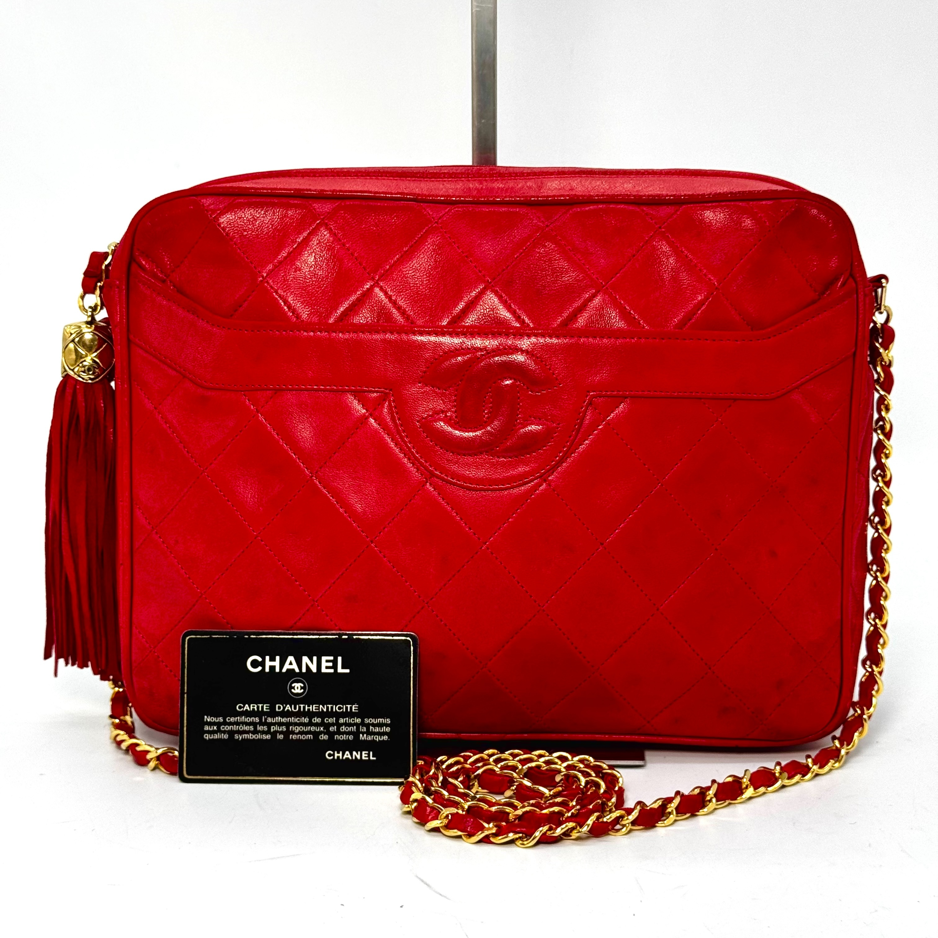 Matelassé Lambskin Fringe Chain Shoulder Bag, Red, 1952547, with Guarantee Card.