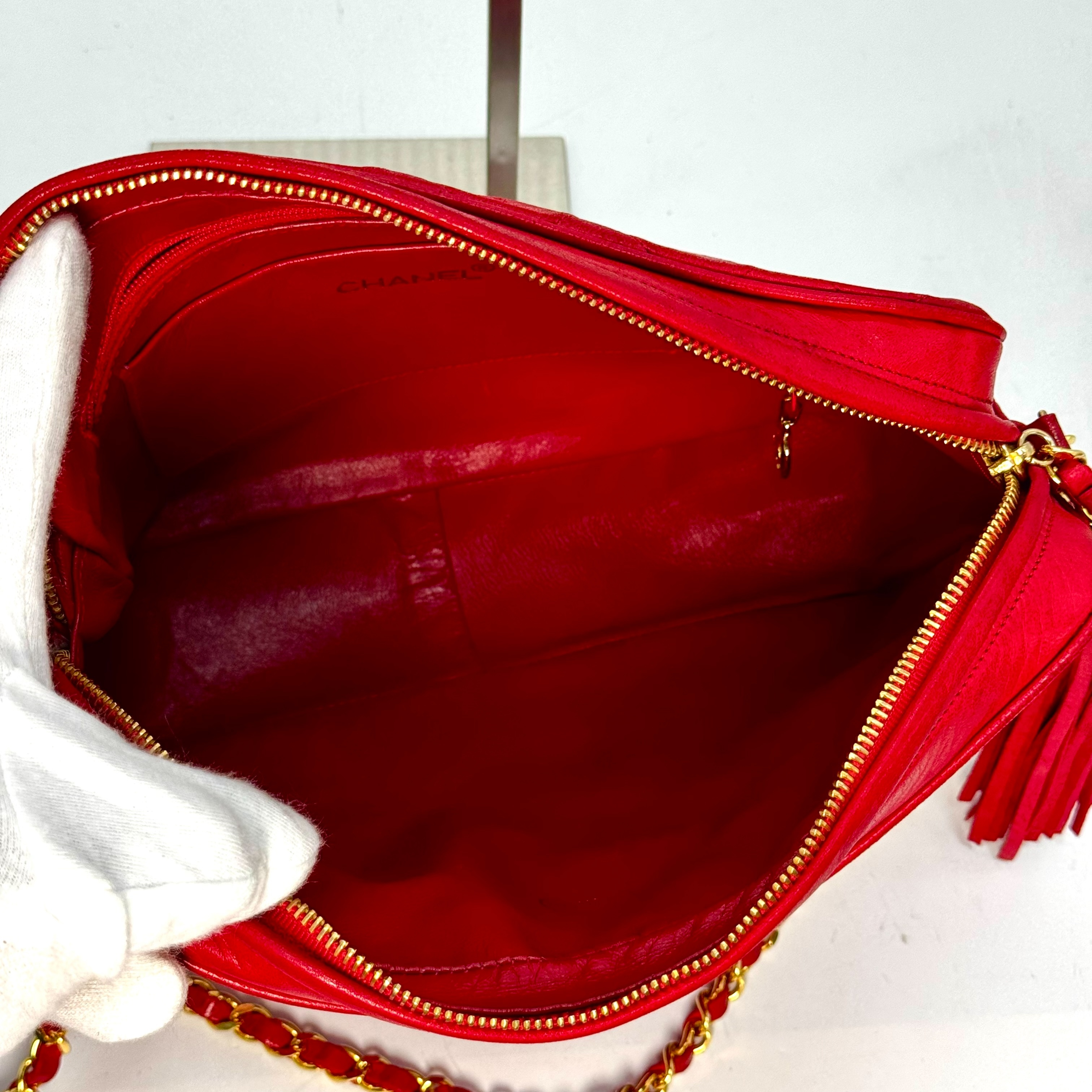 Matelassé Lambskin Fringe Chain Shoulder Bag, Red, 1952547, with Guarantee Card. — view 3