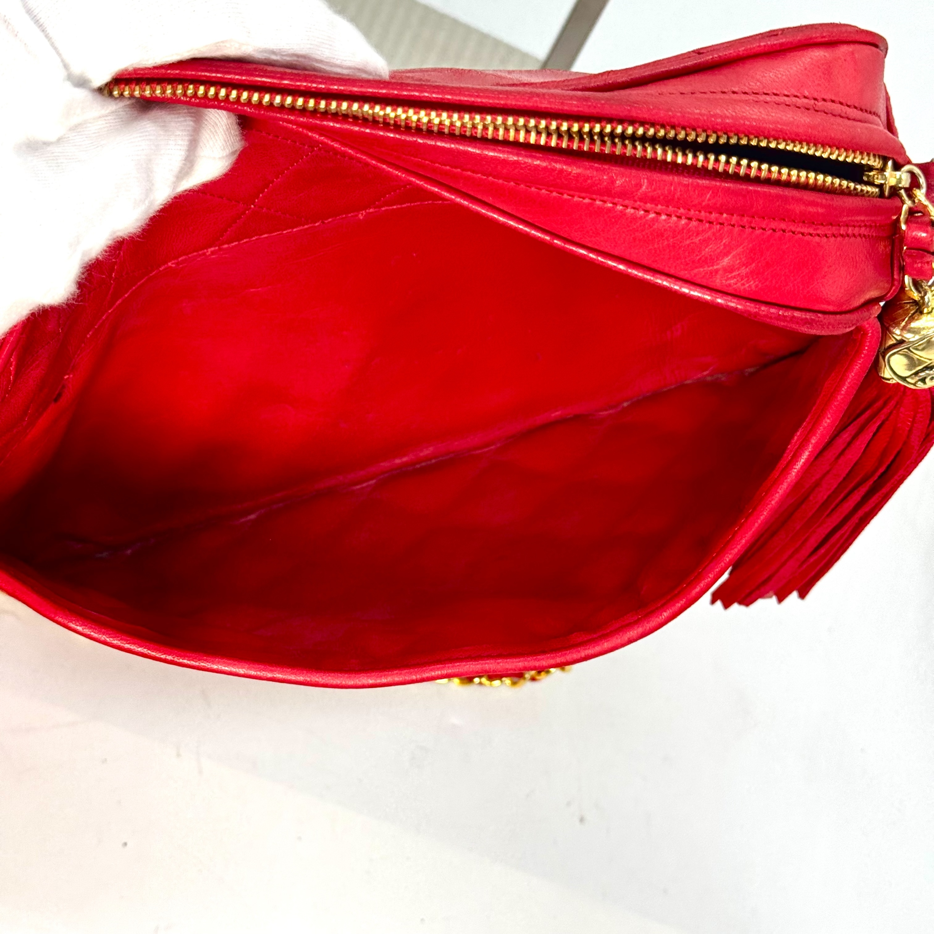Matelassé Lambskin Fringe Chain Shoulder Bag, Red, 1952547, with Guarantee Card. — view 4