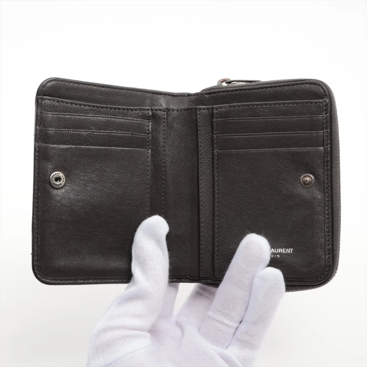 437470 Leather Compact Wallet Khaki — view 3