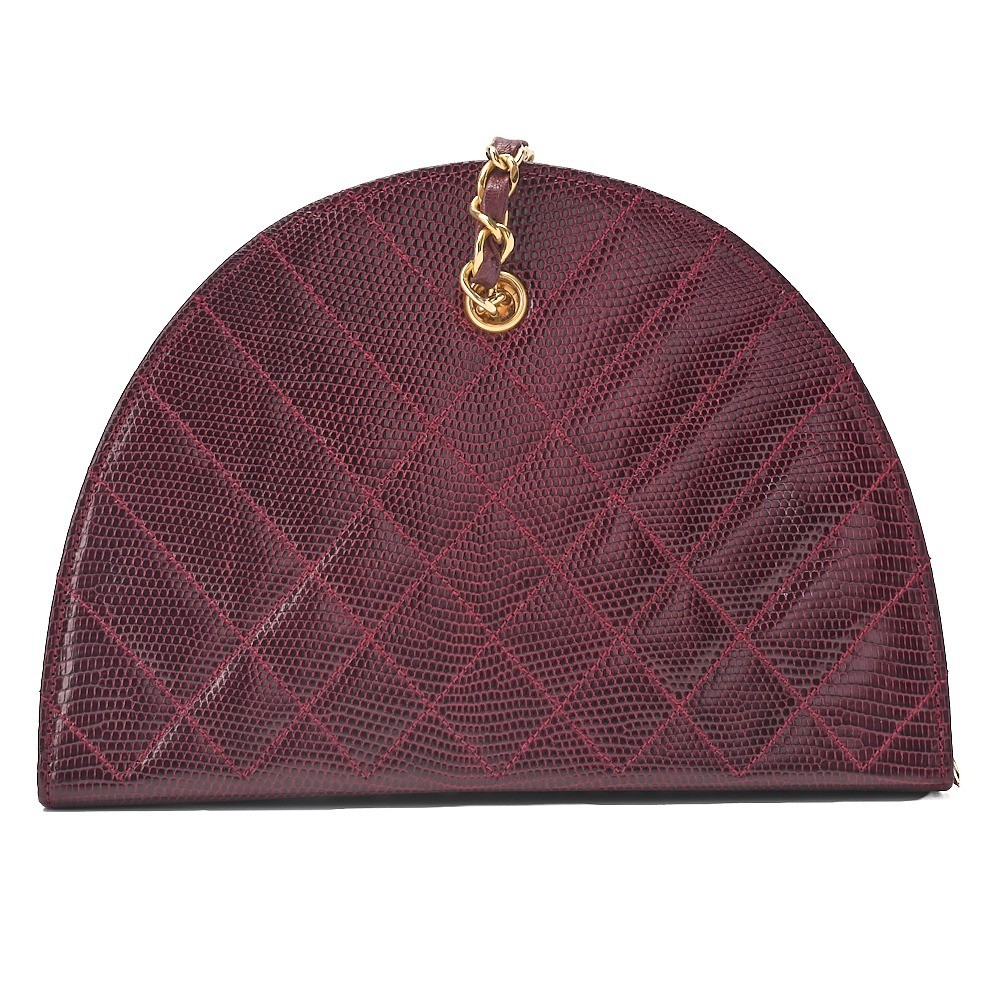 Lizard Half-Moon Plate Charm Chain Shoulder Bag, Bordeaux