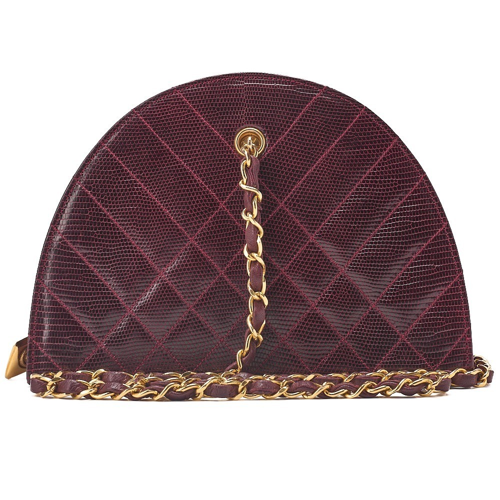 Lizard Half-Moon Plate Charm Chain Shoulder Bag, Bordeaux — view 2