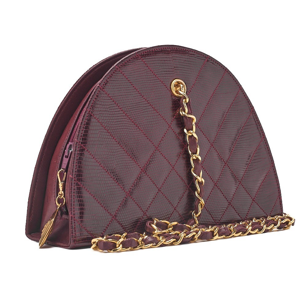 Lizard Half-Moon Plate Charm Chain Shoulder Bag, Bordeaux — view 3