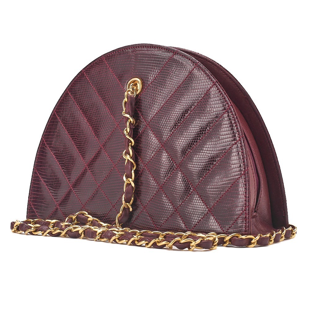 Lizard Half-Moon Plate Charm Chain Shoulder Bag, Bordeaux — view 4
