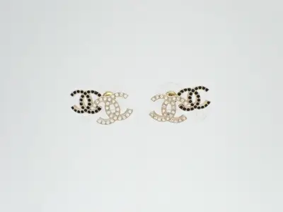 earrings, A22B, double Coco Mark, rhinestone, 2.5cm wide.