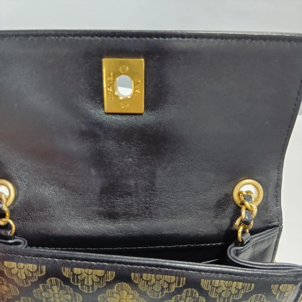 Camellia Lambskin Chain Shoulder Bag, Black x Gold, Gold Hardware, 24400286, Serial Number 24 — view 13