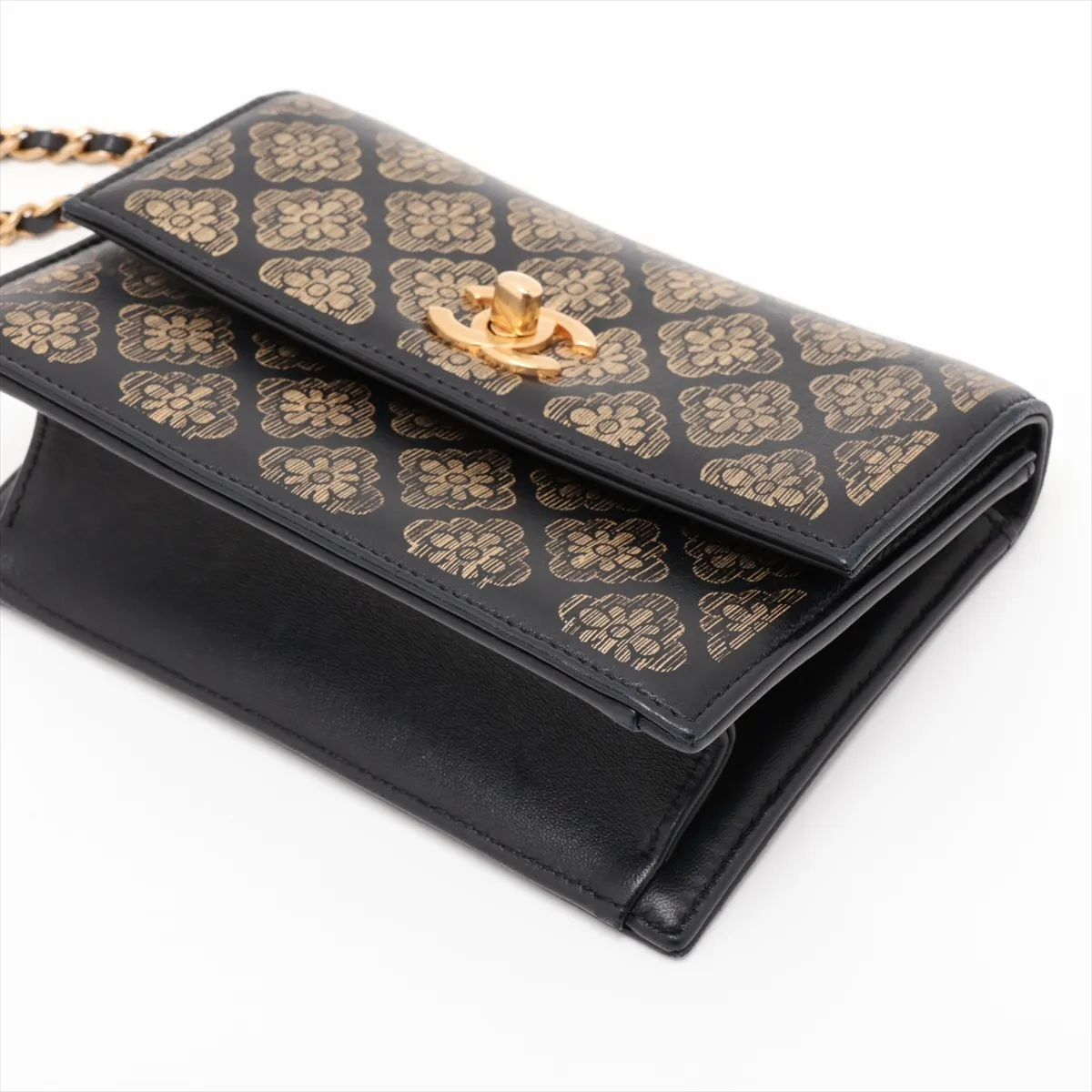 Camellia Lambskin Chain Shoulder Bag, Black x Gold, Gold Hardware, 24400286, Serial Number 24 — view 3