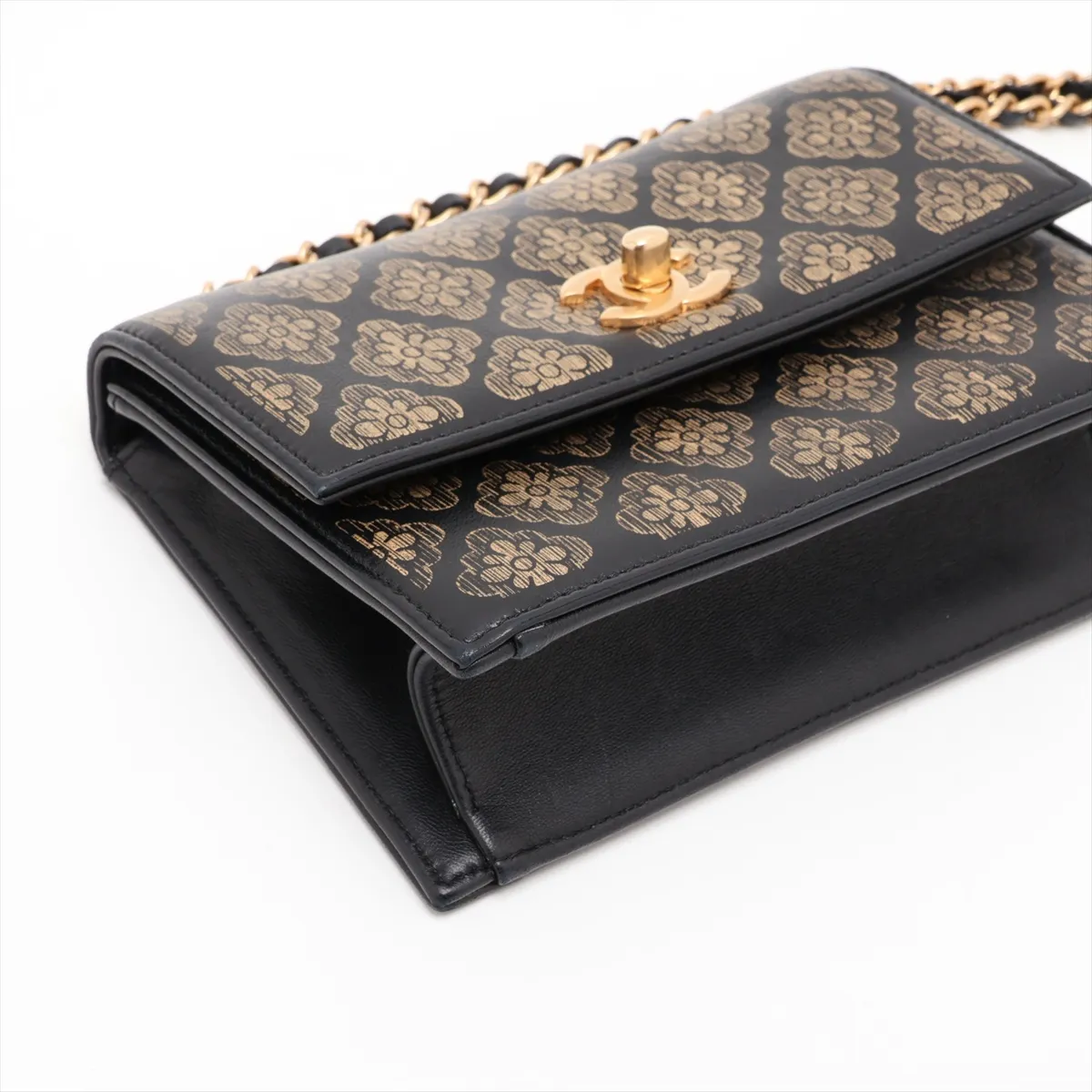 Camellia Lambskin Chain Shoulder Bag, Black x Gold, Gold Hardware, 24400286, Serial Number 24 — view 4