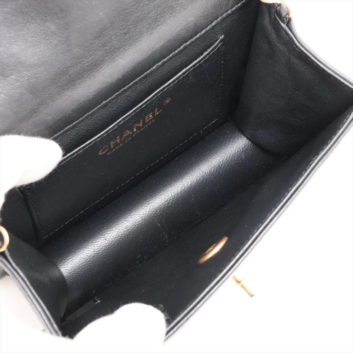 Camellia Lambskin Chain Shoulder Bag, Black x Gold, Gold Hardware, 24400286, Serial Number 24 — view 6