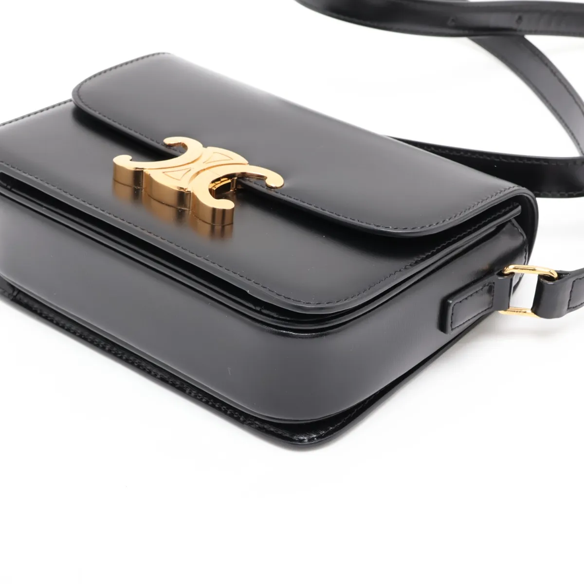 Triomphe Teen Leather Shoulder Bag, Black — view 3