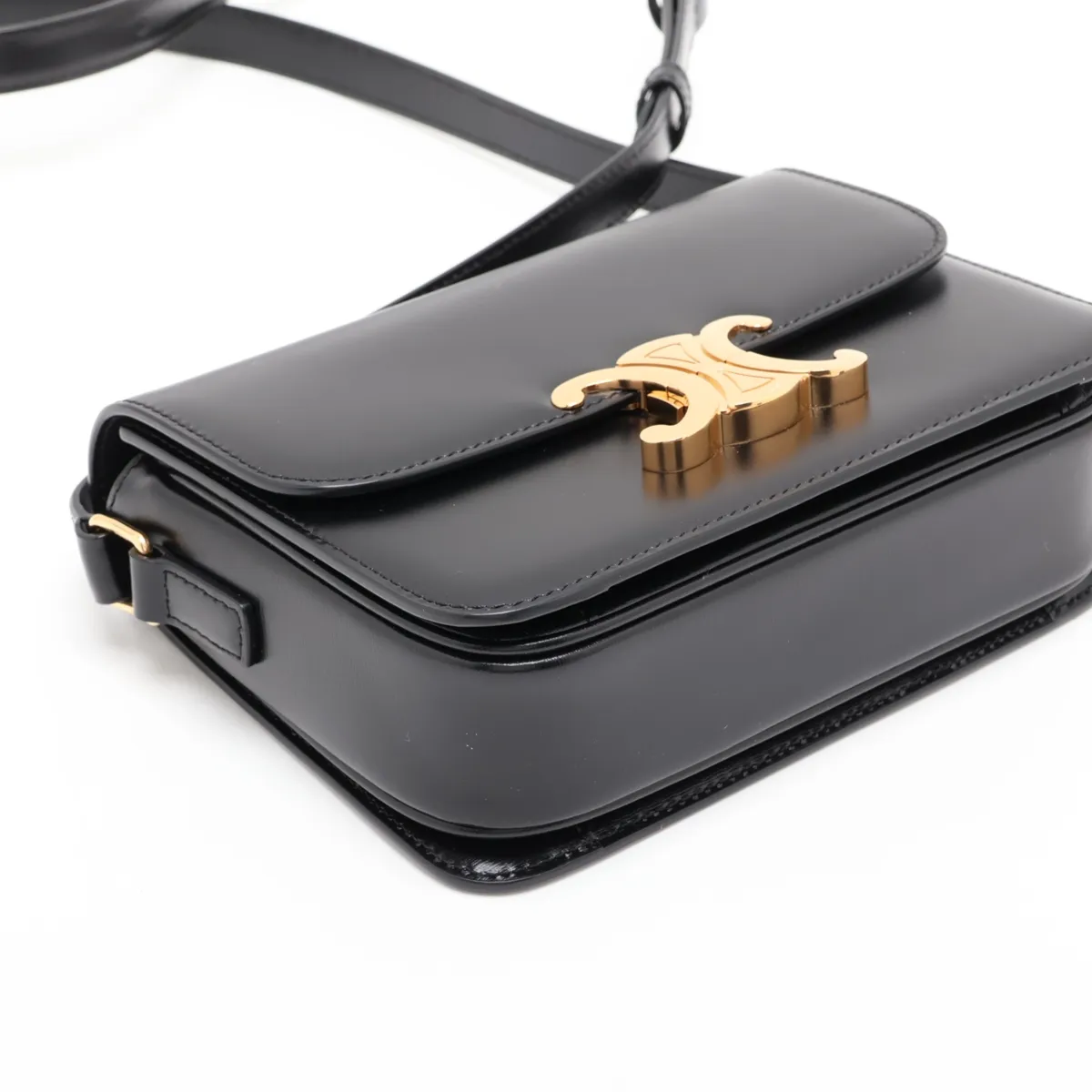 Triomphe Teen Leather Shoulder Bag, Black — view 4