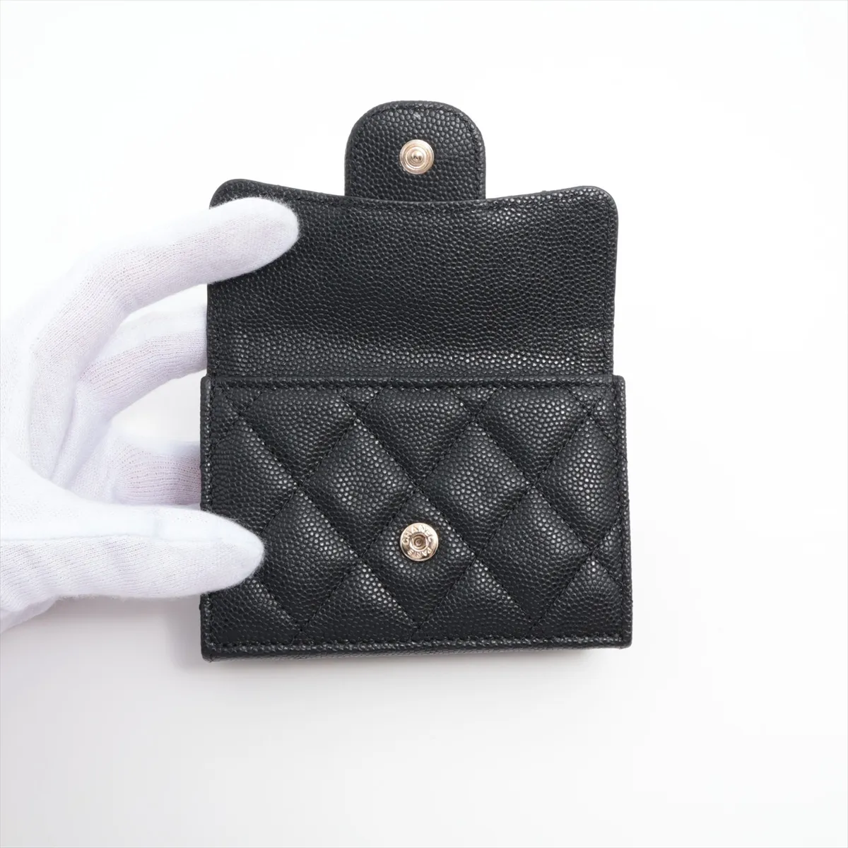 Matelasse Caviar Skin Compact Wallet Black Gold Hardware CTG7380E — view 3